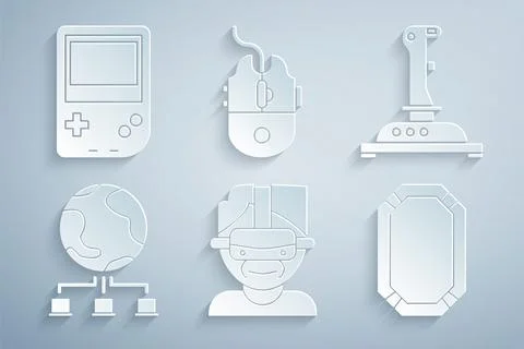 Set Virtual reality glasses, Joystick for arcade machine, Computer network Stock Illustration