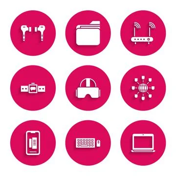 Set Virtual reality glasses, Keyboard and mouse, Laptop, Social network Illustrazione stock
