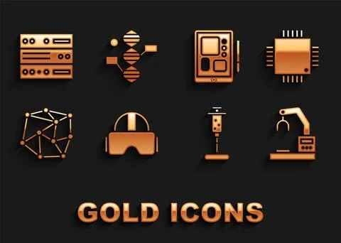 Set Virtual reality glasses, Processor with microcircuits CPU, Robotic robot arm Illustrazione stock