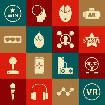 Set Virtual reality glasses, Racing simulator cockpit, Star, Computer mouse Illustrazione stock