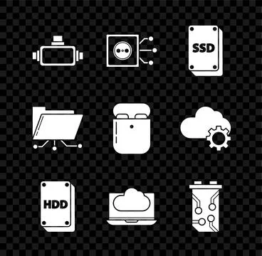 Set Virtual reality glasses, Remote control, SSD card, Hard disk drive HDD,.. Stockillustratie