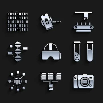 Set Virtual reality glasses, Server, Data, Web Hosting, Mirrorless camera, Test Stock Illustration