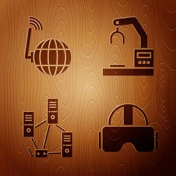 Set Virtual reality glasses, Social network, Computer network and Robotic robot Stock Illustration