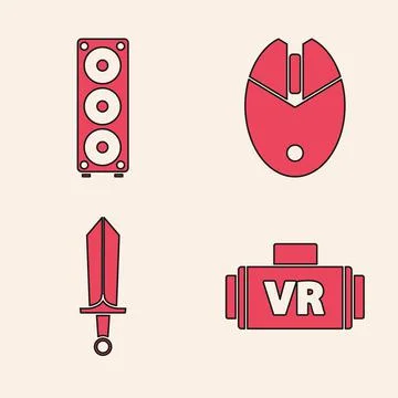 Set Virtual reality glasses, Stereo speaker, Computer mouse gaming and Sword  Illustrazione stock
