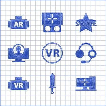 Set Virtual reality glasses, Sword for game, Computer monitor, Headphones, .. Illustrazione stock