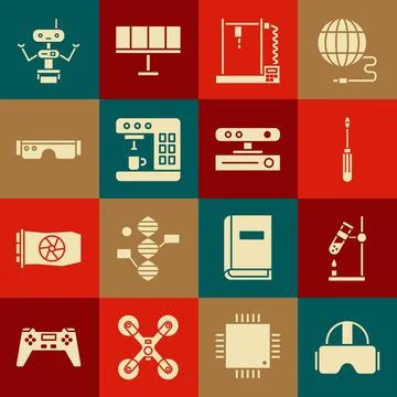 Set Virtual reality glasses, Test tube flask on fire, Screwdriver, 3D printer 스톡 일러스트