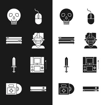 Set Virtual reality glasses, Video game console, Skull, Computer mouse, Sword Stock Illustration