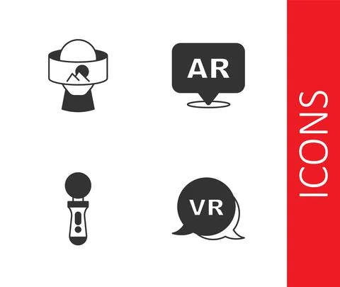 Set Virtual reality, glasses, VR controller game and Augmented AR icon. Vector Illustrazione stock