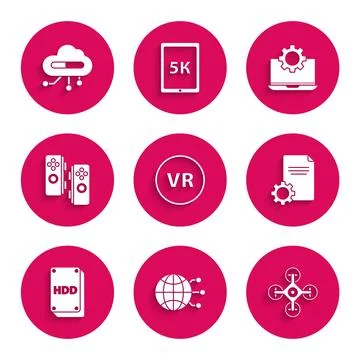 Set Virtual reality, Global technology or social network, Drone, File document Stock Illustration