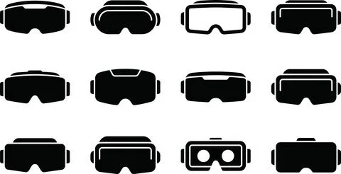 Set of virtual reality headset icons in black silhouette, depicting modern .. Stock Illustration