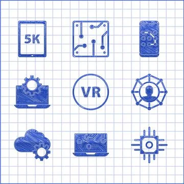 Set Virtual reality, Laptop, Processor, Project team base, Cloud technology data Illustrazione stock