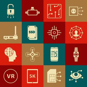 Set Virtual reality, Smartwatch, Project team base, Processor, SSD card, Router 스톡 일러스트