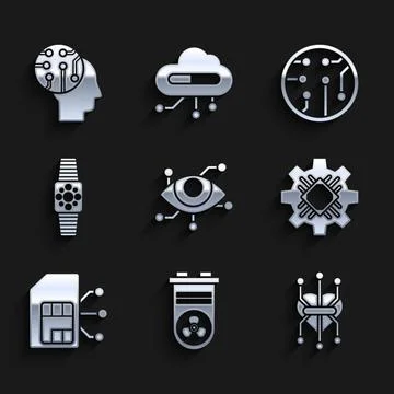 Set Virtual reality, Video graphic card, Processor, Sim, Smartwatch, and Human Stock Illustration