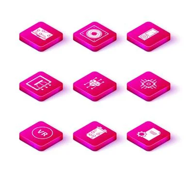 Set Virtual reality, Video graphic card, Tablet, Processor, File document, Music Stock Illustration