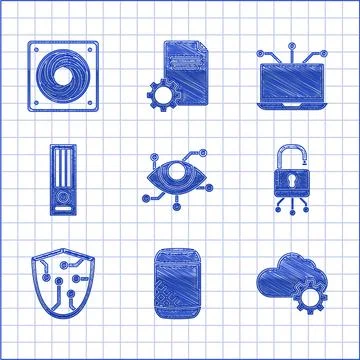 Set Virtual reality, Voice assistant, Cloud technology data transfer and storage Stock Illustration