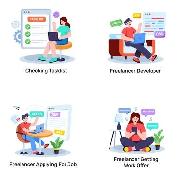 Set of Virtual Working Flat Illustrations Stock Illustration