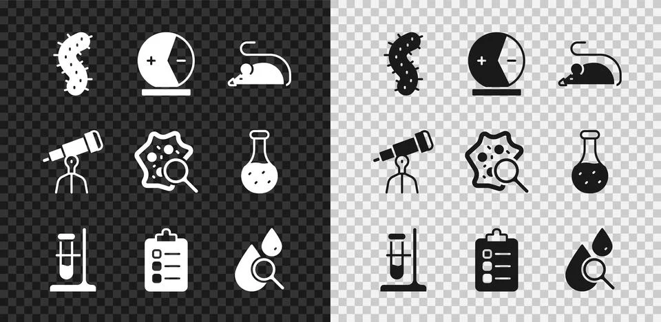 Set Virus, Atom, Experimental mouse, Test tube flask on stand, To do list o.. Stock Illustration