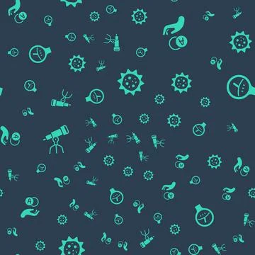 Set Virus, Atom, Telescope and Gauge scale on seamless pattern. Vector Stock Illustration