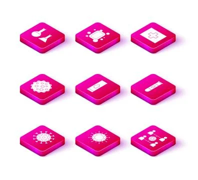Set Virus, Blood test and virus, spread, First aid kit and Bar of soap icon.. Stock Illustration