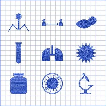 Set Virus cells in lung, Stop virus, Microscope, Medicine bottle and pills Stock Illustration