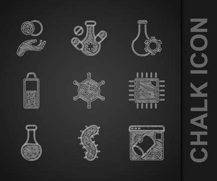 Set Virus, Data visualisation, Processor CPU, Test tube, Battery, and Atom .. Stock Illustration