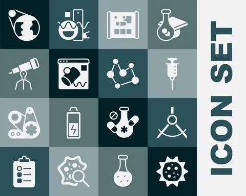 Set Virus, Drawing compass, Syringe, Graphing paper for engineering, Data Stock Illustration