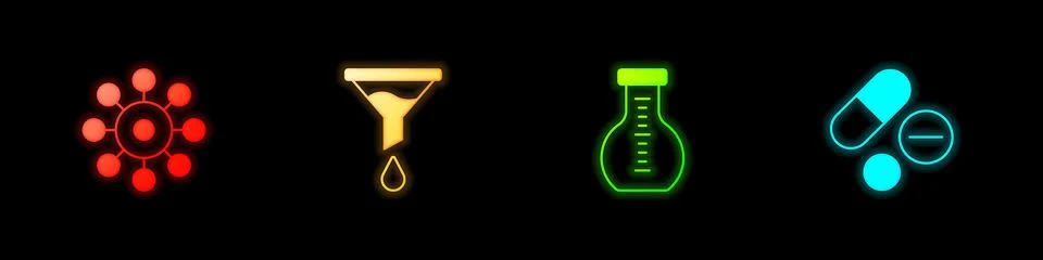 Set Virus, Funnel or filter, Test tube and Medicine pill tablet icon. Vector Stock Illustration