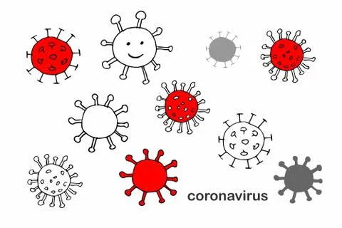 Set of virus icons. Vector background. Red, grey signs with name coronavirus on Illustrazione stock
