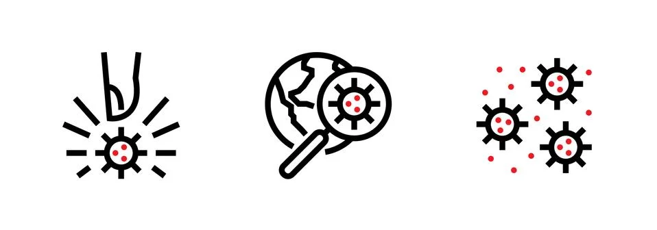 Set of Virus interaction icon. Touch microbe, Search and Flying bacteria Stock Illustration