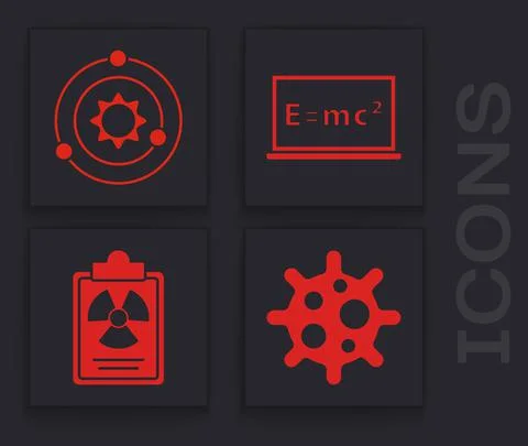 Set Virus, Solar system, Equation solution and Radiation warning document icon Stock Illustration