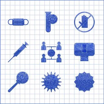 Set Virus spread, DNA spiral and computer, under magnifying glass, Syringe,.. Stock Illustration
