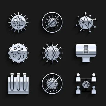 Set Virus, Stop virus, spread, DNA spiral and computer, Blood test, and icon Stock Illustration