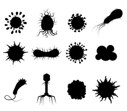 Set Viruses bacterias germs microorganisms icons disease-causing objects Stock Illustration