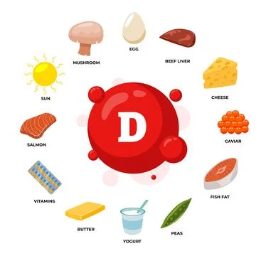 Set of vitamin D source products poster,dietetic organic nutrition, Organic.. Stock Illustration
