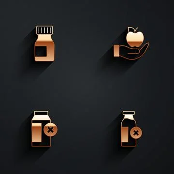Set Vitamins, Apple, Lactose intolerance and  icon with long shadow. Vector Stock Illustration