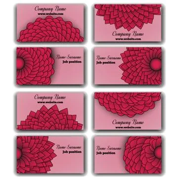Set of Vivid Red Vector Business Cards With Chrysanthemums Stock Illustration