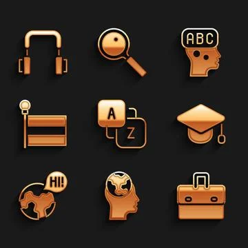 Set Vocabulary, Learning foreign languages, Briefcase, Graduation cap, Flag, and Illustrazione stock