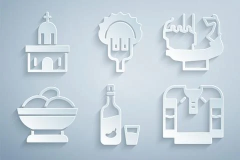 Set Vodka with pepper and glass, Monument to founders of Kiev, Varenyky in .. Stock Illustration