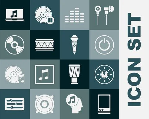 Set Voice assistant, Dial knob level technology settings, Power button, Music Ilustración de archivo