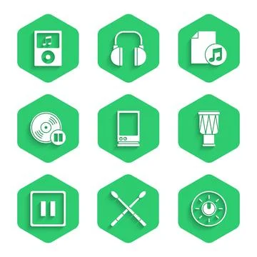 Set Voice assistant, Drum sticks, Dial knob level technology settings, Pause Stock Illustration