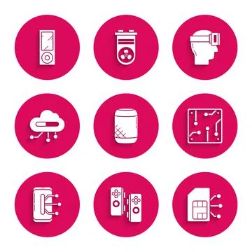 Set Voice assistant, Gamepad, Sim card, Processor, Smartphone, mobile phone Stock Illustration