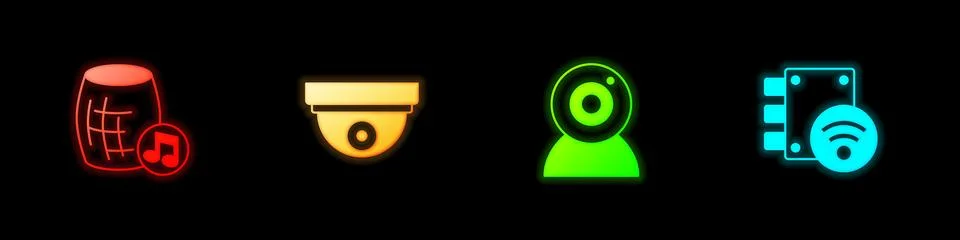 Set Voice assistant, Motion sensor, Web camera and Digital door lock icon Illustrazione stock