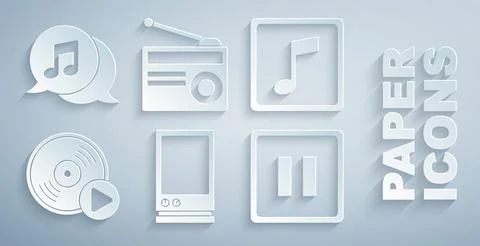 Set Voice assistant, Music note, tone, Vinyl disk, Pause button, Radio with Illustrazione stock