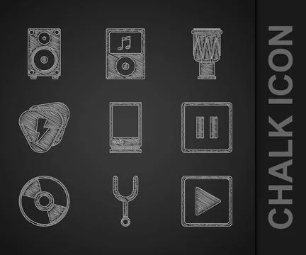 Set Voice assistant, Musical tuning fork, Play square, Pause button, CD DVD.. Stock Illustration