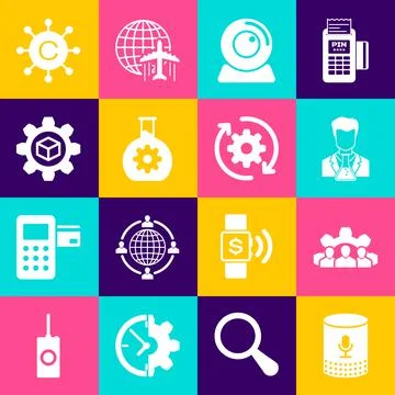 Set Voice assistant, Project team base, Scientist and test tube, Web camera Stock Illustration