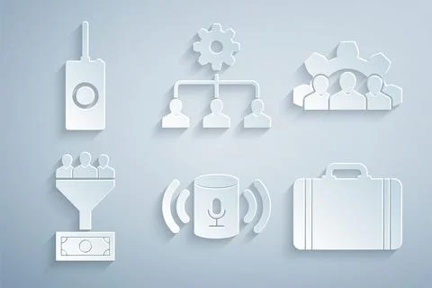 Set Voice assistant, Project team base, Lead management, Suitcase for travel Stock Illustration