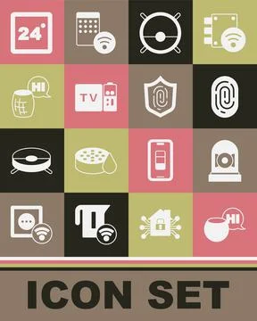 Set Voice assistant, Ringing alarm bell, Fingerprint, Robot vacuum cleaner Ilustración de archivo