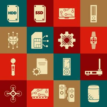 Set Voice assistant, Router and wi-fi signal, Smartwatch, Laptop, Sim card Stock Illustration