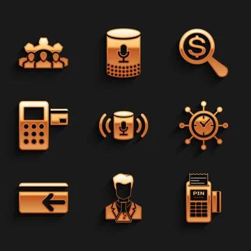 Set Voice assistant, Scientist and test tube, POS terminal, Clock gear, Cash Illustrazione stock