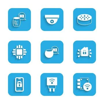 Set Voice assistant, Smart electric plug, Digital door lock, home, Processor Stock Illustration